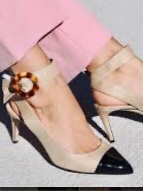 CHLOE GOSSELIN Two-Tone Beige and Black Pointed Ankle-Wrap Heels